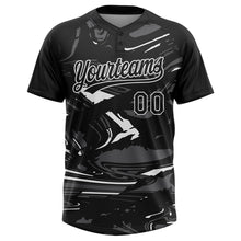 Laden Sie das Bild in den Galerie-Viewer, Custom Black Steel Gray-White Raglan Sleeves Abstract Fluid Marble Two-Button Unisex Softball Jersey