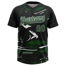 Laden Sie das Bild in den Galerie-Viewer, Custom Black Green-White Raglan Sleeves Abstract Fluid Marble Two-Button Unisex Softball Jersey