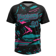 Load image into Gallery viewer, Custom Black Teal-Pink Raglan Sleeves Abstract Fluid Marble Two-Button Unisex Softball Jersey