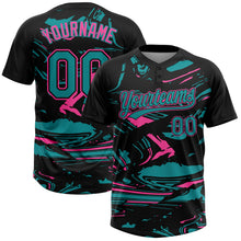 Load image into Gallery viewer, Custom Black Teal-Pink Raglan Sleeves Abstract Fluid Marble Two-Button Unisex Softball Jersey