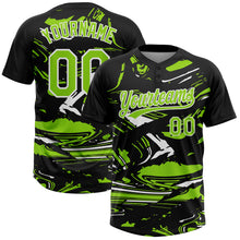 Laden Sie das Bild in den Galerie-Viewer, Custom Black Neon Green-White Raglan Sleeves Abstract Fluid Marble Two-Button Unisex Softball Jersey