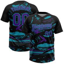 Charger l'image dans la galerie, Custom Black Purple-Teal Raglan Sleeves Abstract Fluid Marble Two-Button Unisex Softball Jersey
