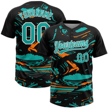 Load image into Gallery viewer, Custom Black Aqua Bay Orange-White Raglan Sleeves Abstract Fluid Marble Two-Button Unisex Softball Jersey