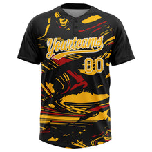 Load image into Gallery viewer, Custom Black Gold Red-White Raglan Sleeves Abstract Fluid Marble Two-Button Unisex Softball Jersey