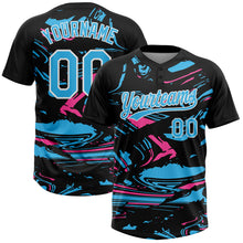 Загрузить изображение в средство просмотра галереи, Custom Black Sky Blue Pink-White Raglan Sleeves Abstract Fluid Marble Two-Button Unisex Softball Jersey