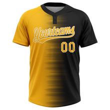Laden Sie das Bild in den Galerie-Viewer, Custom Black Gold-White Gradient Horizontal Stripe Two-Button Unisex Softball Jersey