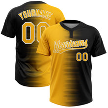 Laden Sie das Bild in den Galerie-Viewer, Custom Black Gold-White Gradient Horizontal Stripe Two-Button Unisex Softball Jersey