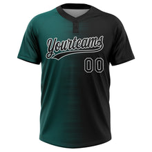 Laden Sie das Bild in den Galerie-Viewer, Custom Black Midnight Green-White Gradient Horizontal Stripe Two-Button Unisex Softball Jersey