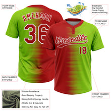Laden Sie das Bild in den Galerie-Viewer, Custom Neon Green Red-White Gradient Horizontal Stripe Two-Button Unisex Softball Jersey