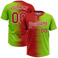 Laden Sie das Bild in den Galerie-Viewer, Custom Neon Green Red-White Gradient Horizontal Stripe Two-Button Unisex Softball Jersey