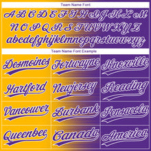 Загрузить изображение в средство просмотра галереи, Custom Gold Purple-White Gradient Horizontal Stripe Two-Button Unisex Softball Jersey