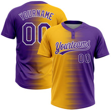 Загрузить изображение в средство просмотра галереи, Custom Gold Purple-White Gradient Horizontal Stripe Two-Button Unisex Softball Jersey