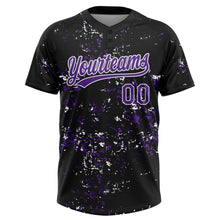 Laden Sie das Bild in den Galerie-Viewer, Custom Black Purple-White Abstract Shattered Paint Splatter Two-Button Unisex Softball Jersey