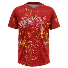 Load image into Gallery viewer, Custom Red Gold-White Abstract Shattered Paint Splatter Two-Button Unisex Softball Jersey