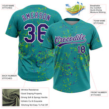 Laden Sie das Bild in den Galerie-Viewer, Custom Teal Purple Neon Green-White Abstract Shattered Paint Splatter Two-Button Unisex Softball Jersey