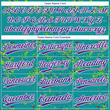 Laden Sie das Bild in den Galerie-Viewer, Custom Teal Purple Neon Green-White Abstract Shattered Paint Splatter Two-Button Unisex Softball Jersey