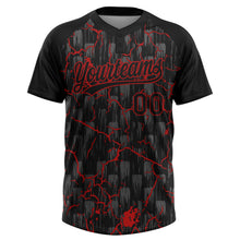 Load image into Gallery viewer, Custom Black Red-Gray Raglan Sleeves Neon Lightning Crackle Two-Button Unisex Softball Jersey
