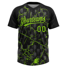 Загрузить изображение в средство просмотра галереи, Custom Black Neon Green-Gray Raglan Sleeves Neon Lightning Crackle Two-Button Unisex Softball Jersey