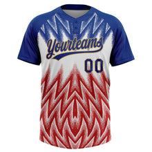 Charger l'image dans la galerie, Custom Royal White Red-Old Gold Raglan Sleeves Abstract Geometric Chevron Zigzag Two-Button Unisex Softball Jersey