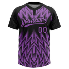 Charger l'image dans la galerie, Custom Black-Purple Raglan Sleeves Abstract Geometric Chevron Zigzag Two-Button Unisex Softball Jersey