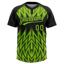 Charger l'image dans la galerie, Custom Black-Neon Green Raglan Sleeves Abstract Geometric Chevron Zigzag Two-Button Unisex Softball Jersey