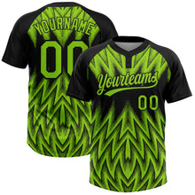Charger l'image dans la galerie, Custom Black-Neon Green Raglan Sleeves Abstract Geometric Chevron Zigzag Two-Button Unisex Softball Jersey