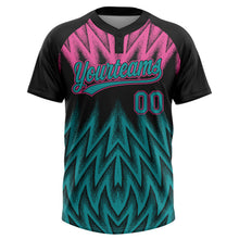 Charger l'image dans la galerie, Custom Black Teal-Pink Raglan Sleeves Abstract Geometric Chevron Zigzag Two-Button Unisex Softball Jersey