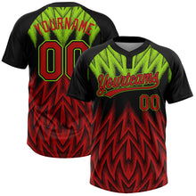 Charger l'image dans la galerie, Custom Black Red-Neon Green Raglan Sleeves Abstract Geometric Chevron Zigzag Two-Button Unisex Softball Jersey