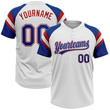 Laden Sie das Bild in den Galerie-Viewer, Custom White Royal-Red Raglan Sleeves Stripes Two-Button Unisex Softball Jersey