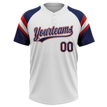 Load image into Gallery viewer, Custom White Navy-Red Raglan Sleeves Stripes Two-Button Unisex Softball Jersey