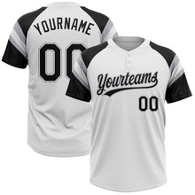 Charger l'image dans la galerie, Custom White Black-Gray Raglan Sleeves Stripes Two-Button Unisex Softball Jersey