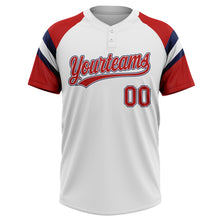 Laden Sie das Bild in den Galerie-Viewer, Custom White Red-Navy Raglan Sleeves Stripes Two-Button Unisex Softball Jersey