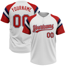 Laden Sie das Bild in den Galerie-Viewer, Custom White Red-Navy Raglan Sleeves Stripes Two-Button Unisex Softball Jersey