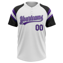 Laden Sie das Bild in den Galerie-Viewer, Custom White Purple-Black Raglan Sleeves Stripes Two-Button Unisex Softball Jersey