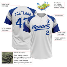 Load image into Gallery viewer, Custom White Royal-Gray Raglan Sleeves Stripes Two-Button Unisex Softball Jersey