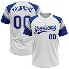 Load image into Gallery viewer, Custom White Royal-Gray Raglan Sleeves Stripes Two-Button Unisex Softball Jersey