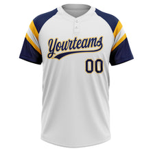 Load image into Gallery viewer, Custom White Navy-Gold Raglan Sleeves Stripes Two-Button Unisex Softball Jersey