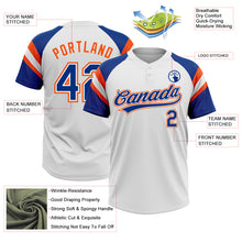 Load image into Gallery viewer, Custom White Royal-Orange Raglan Sleeves Stripes Two-Button Unisex Softball Jersey