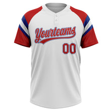 Laden Sie das Bild in den Galerie-Viewer, Custom White Red-Royal Raglan Sleeves Stripes Two-Button Unisex Softball Jersey