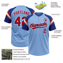 Laden Sie das Bild in den Galerie-Viewer, Custom Light Blue Red Royal-White Raglan Sleeves Stripes Two-Button Unisex Softball Jersey