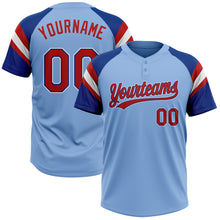 Laden Sie das Bild in den Galerie-Viewer, Custom Light Blue Red Royal-White Raglan Sleeves Stripes Two-Button Unisex Softball Jersey