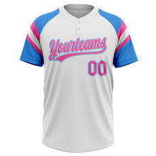 Laden Sie das Bild in den Galerie-Viewer, Custom White Pink-Electric Blue Raglan Sleeves Stripes Two-Button Unisex Softball Jersey
