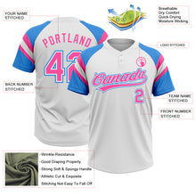 Laden Sie das Bild in den Galerie-Viewer, Custom White Pink-Electric Blue Raglan Sleeves Stripes Two-Button Unisex Softball Jersey