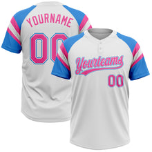 Laden Sie das Bild in den Galerie-Viewer, Custom White Pink-Electric Blue Raglan Sleeves Stripes Two-Button Unisex Softball Jersey