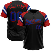 Laden Sie das Bild in den Galerie-Viewer, Custom Black Royal Red-White Raglan Sleeves Stripes Two-Button Unisex Softball Jersey