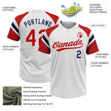 Laden Sie das Bild in den Galerie-Viewer, Custom White Red-Navy Raglan Sleeves Stripes Two-Button Unisex Softball Jersey