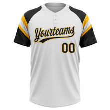 Charger l'image dans la galerie, Custom White Black-Gold Raglan Sleeves Stripes Two-Button Unisex Softball Jersey