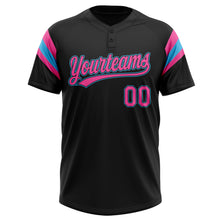 Load image into Gallery viewer, Custom Black Pink-Sky Blue Raglan Sleeves Stripes Two-Button Unisex Softball Jersey