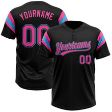 Load image into Gallery viewer, Custom Black Pink-Sky Blue Raglan Sleeves Stripes Two-Button Unisex Softball Jersey