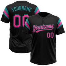 Load image into Gallery viewer, Custom Black Pink-Teal Raglan Sleeves Stripes Two-Button Unisex Softball Jersey